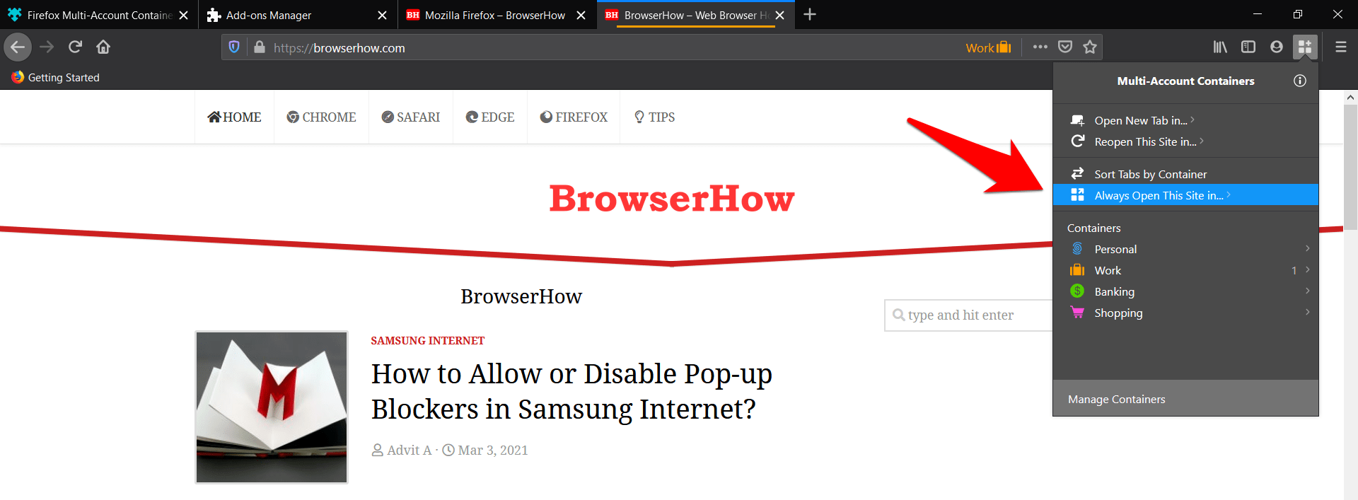 Siempre abra este sitio en contenedores Firefox
