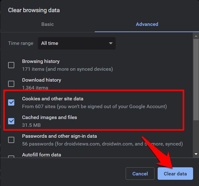 Borre las opciones de datos de navegación en el navegador Chrome
