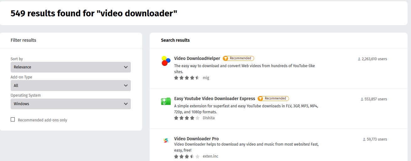 Lista de búsqueda de descargas de video de Firefox