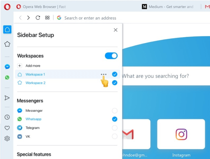 Campos de trabajo del navegador Opera y conexión social en las pestañas de la barra lateral