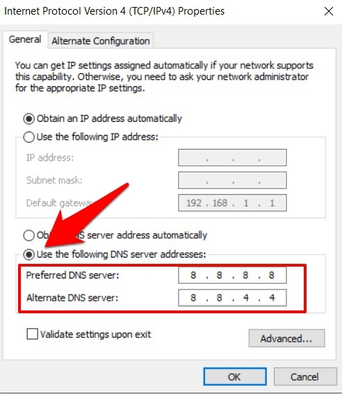 Use la configuración de Google DNS en la opción Propiedades de Internet