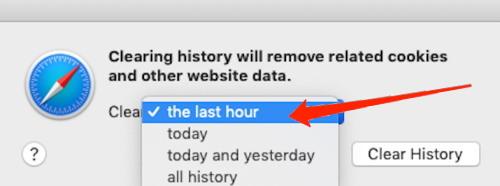 Opción de borrar el historial de la última hora en Safari Mac