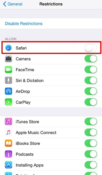 Disable Safari App from Restrictions tab