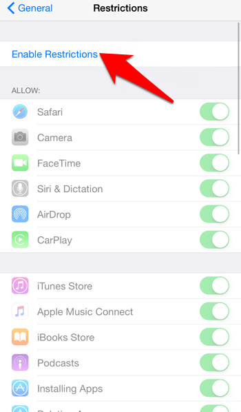 Opción "Activar restricciones" en iOS